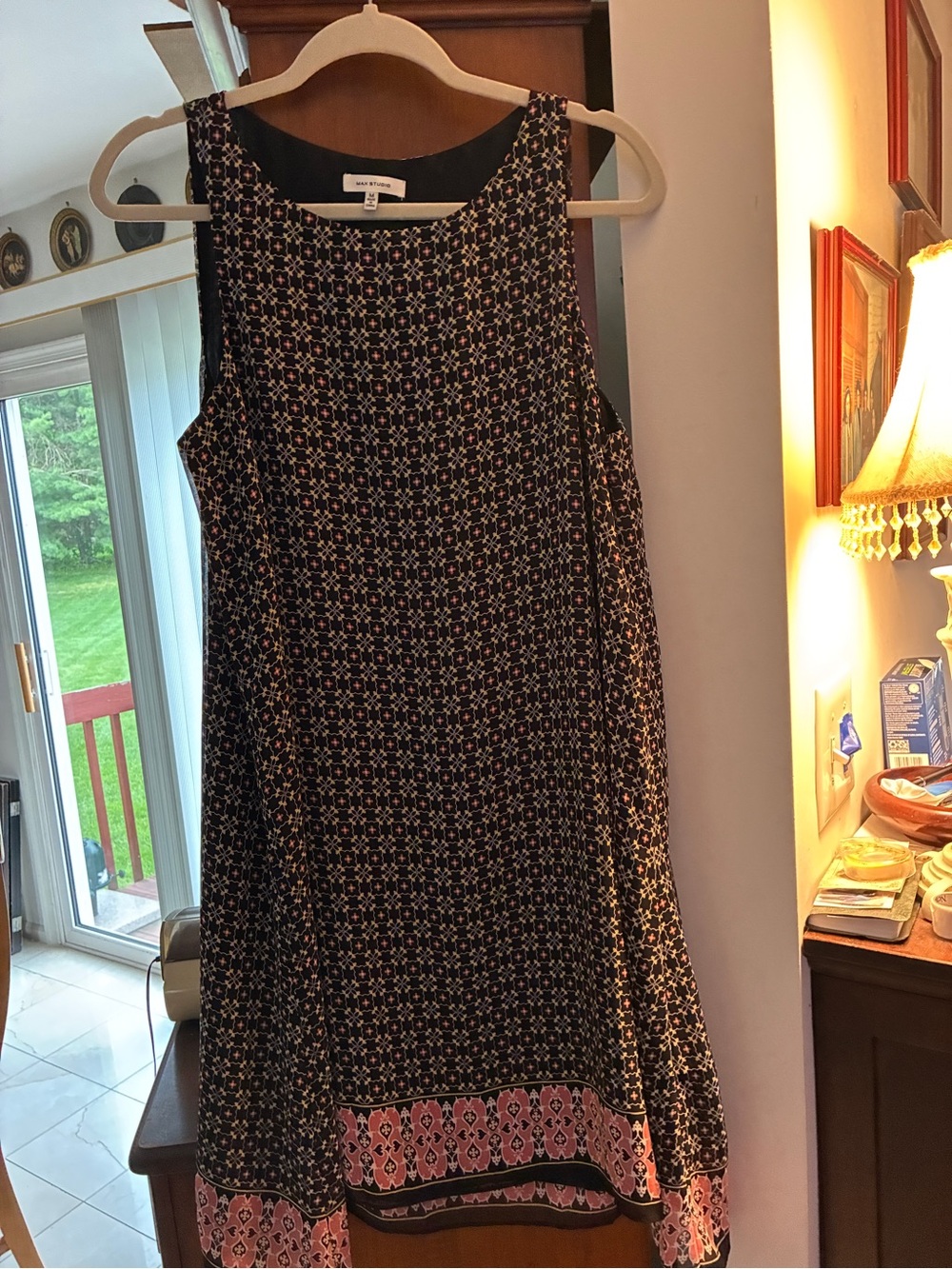 Max Studio Black Sleeveless Midi Dress with Pink Border Print